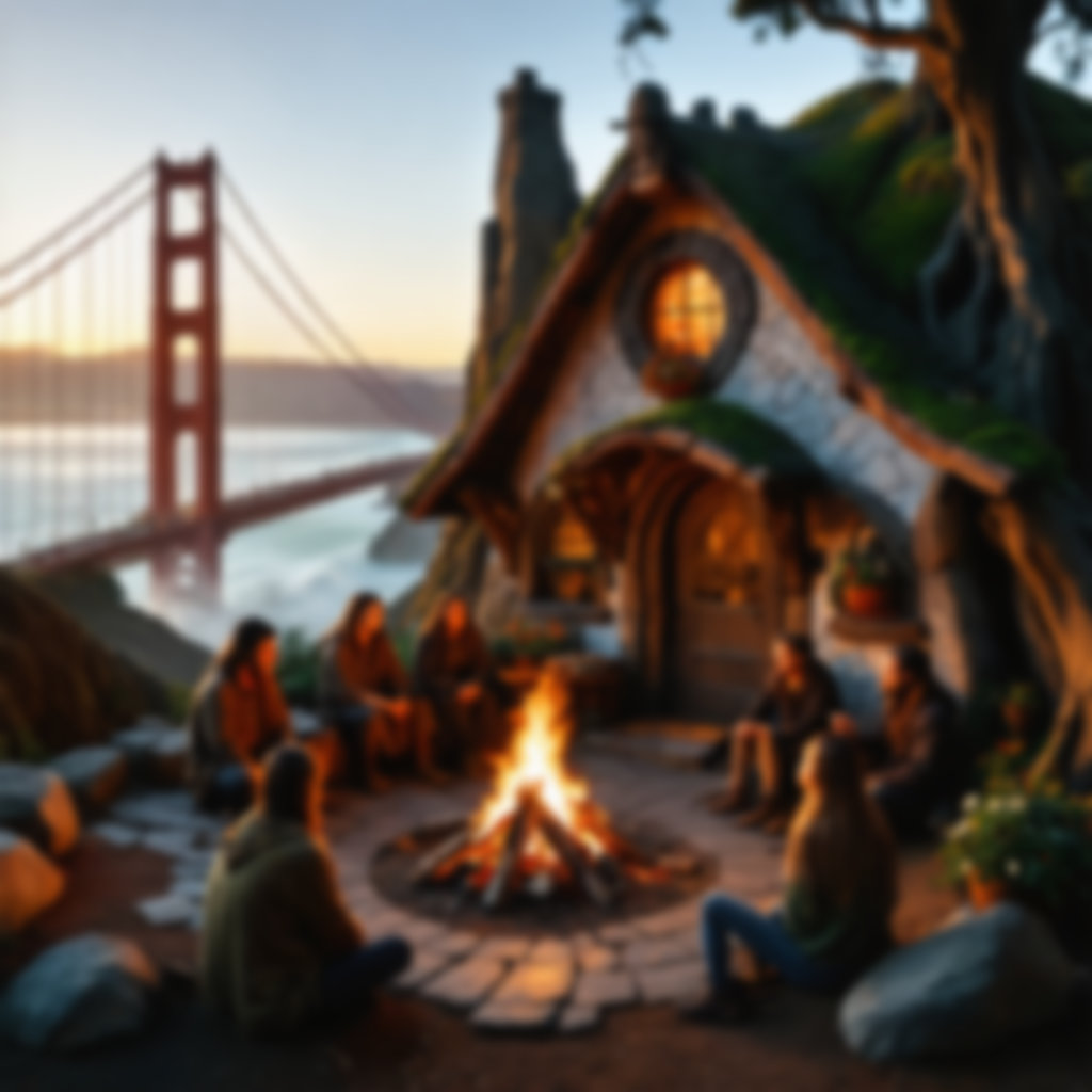 people gathered around a fire in front of a cottage by the Golden Gate Bridge