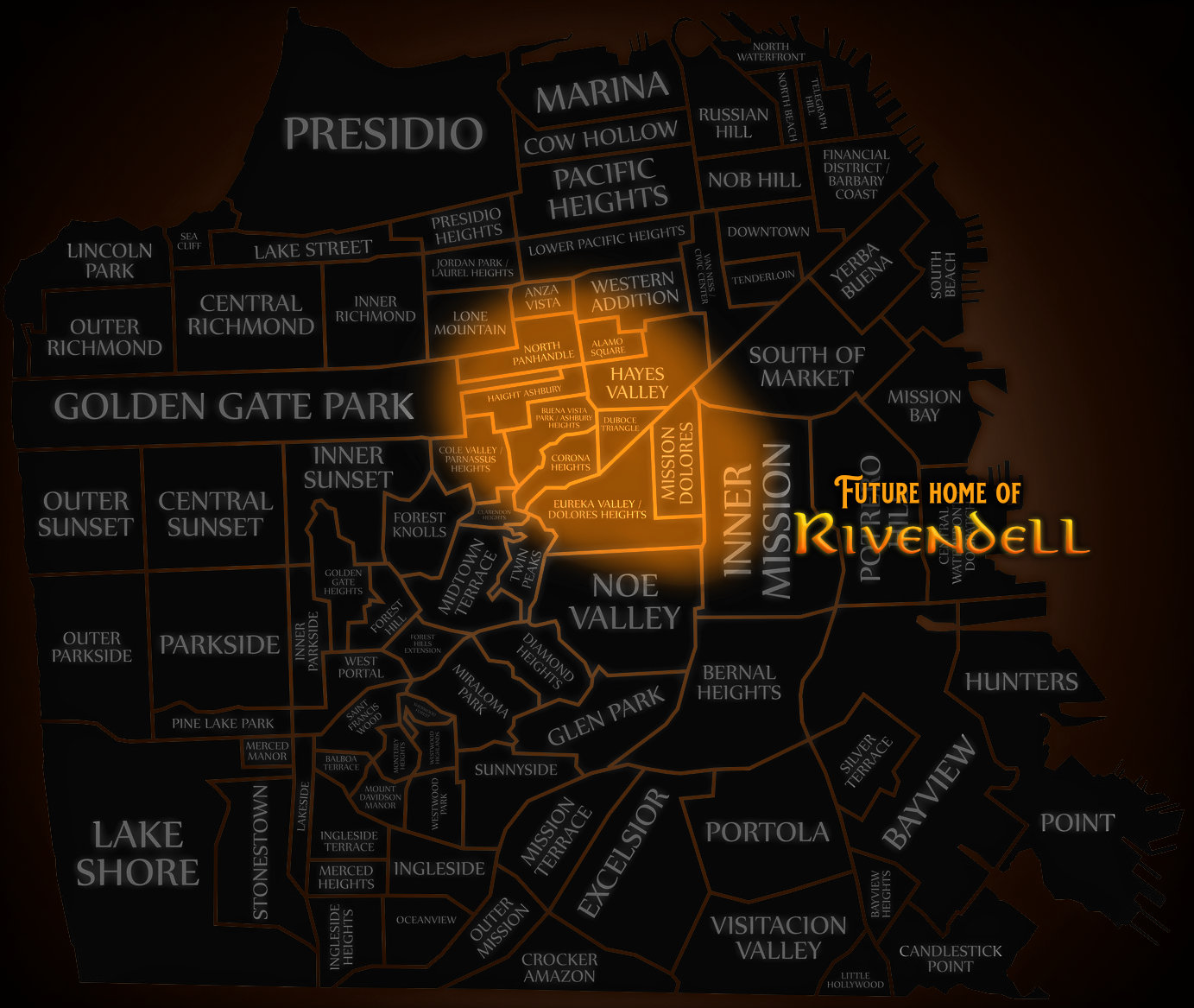 Stylized map of central San Francisco with highlighted prospective neighborhoods